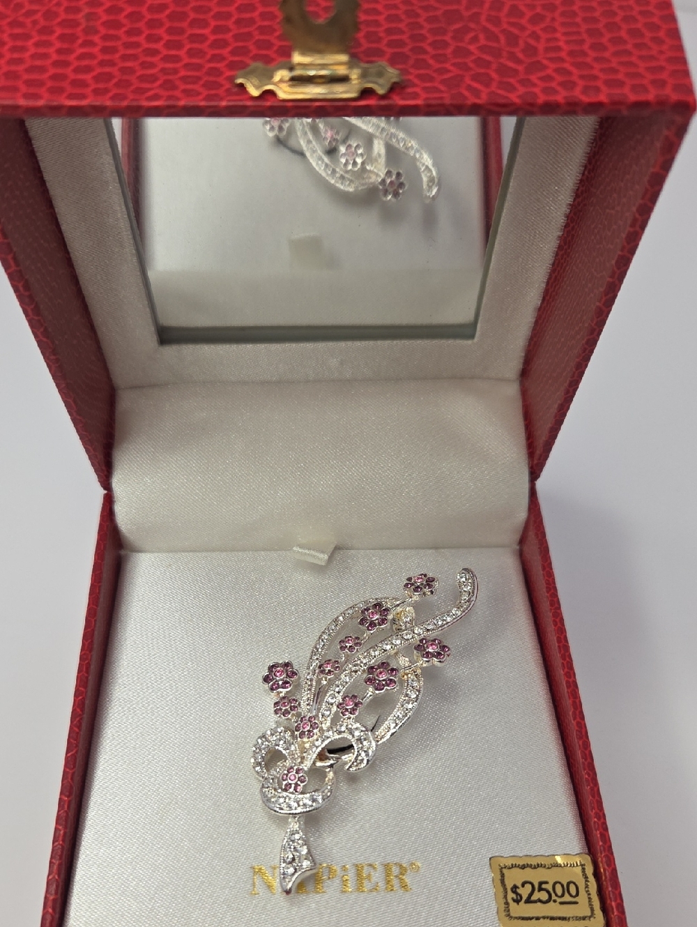 Vintage Napier Floral Brooch, Purple Rhinestones, Original Box